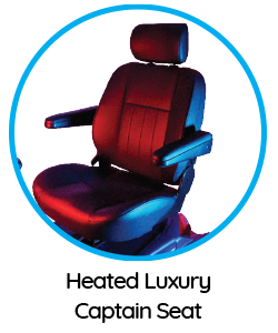 Features of the "Ignite" mobility scooter includes heated luxury seating.